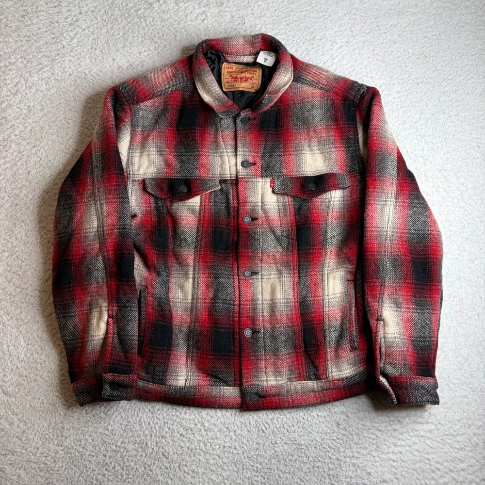 Levis Y2K 70587 Wool Blend Quilted Plaid Trucker Jacket Red Black Mens XL HEAVY